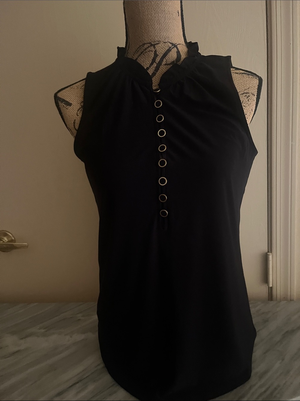 White House Black Market Black Sleeveless Eyelet Henley Tank